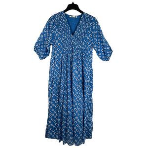 Dolma Maxi Dress Size Medium Blue Ikat Gauze Cotton Flowy Peasant Boho Puff Airy